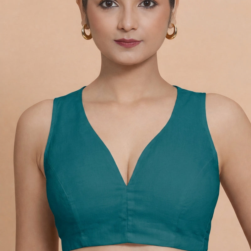 Amaira x Rozaana | Sleeveless Teal Blue Linen Saree Blouse-Binks