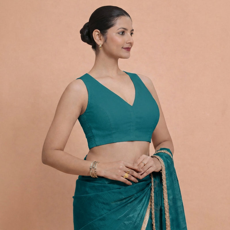 Amaira x Rozaana | Sleeveless Teal Blue Linen Saree Blouse-Binks