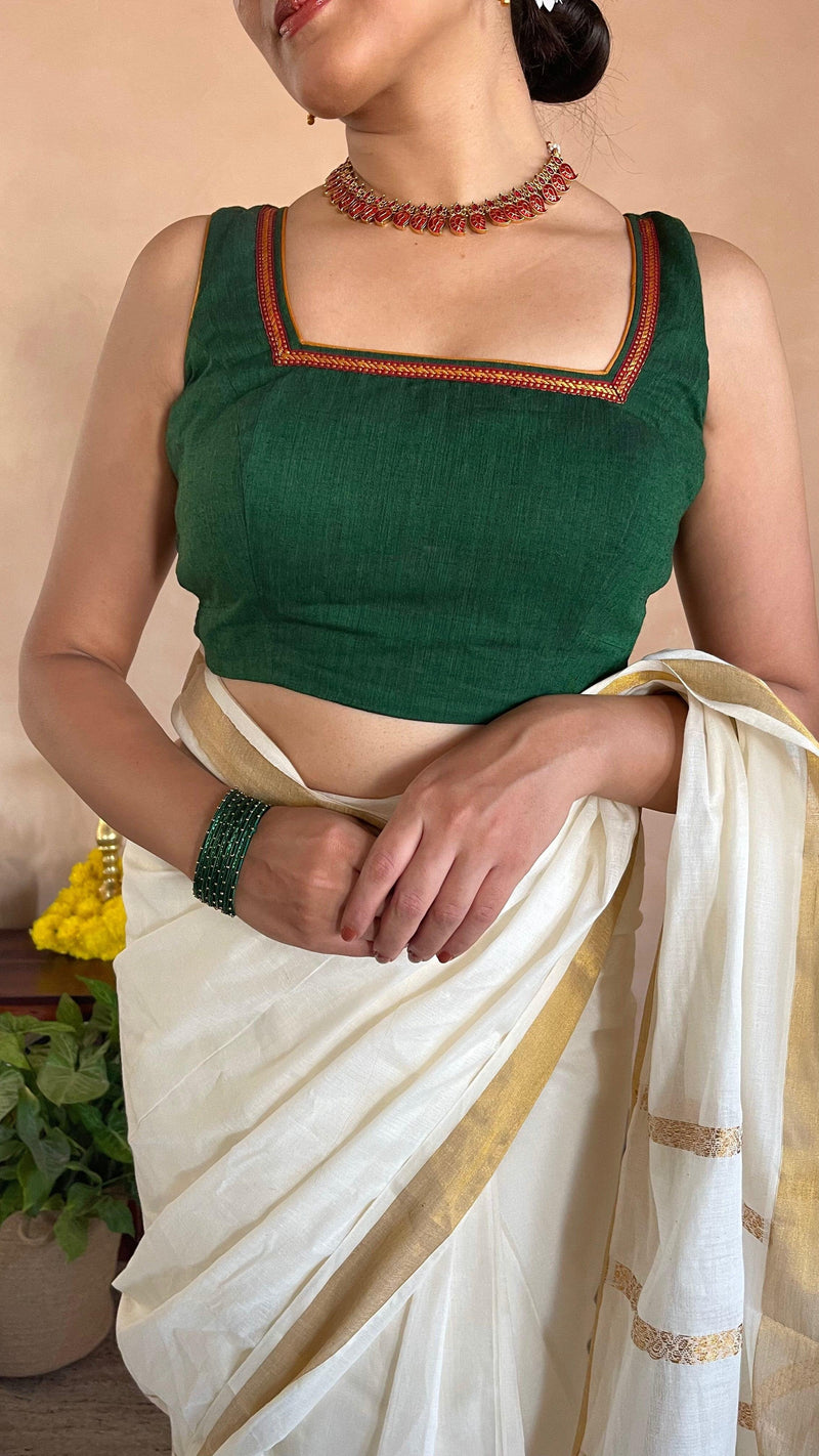 Amala x Tyohaar | Bottle Green Mangalgiri 100% Cotton Sleeveless Saree Blouse with Zari Border Detailing-Binks