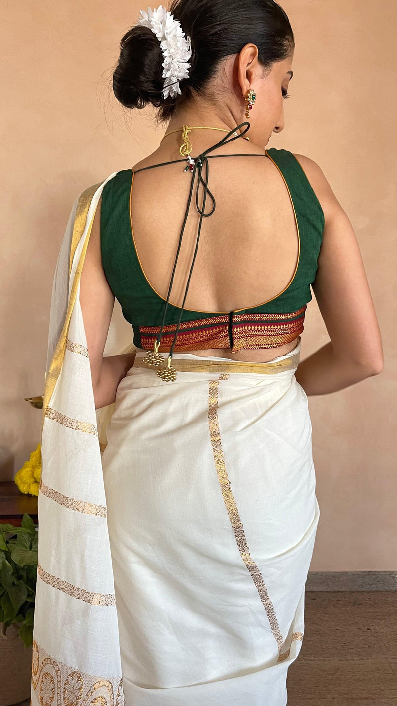 Amala x Tyohaar | Bottle Green Mangalgiri 100% Cotton Sleeveless Saree Blouse with Zari Border Detailing-Binks