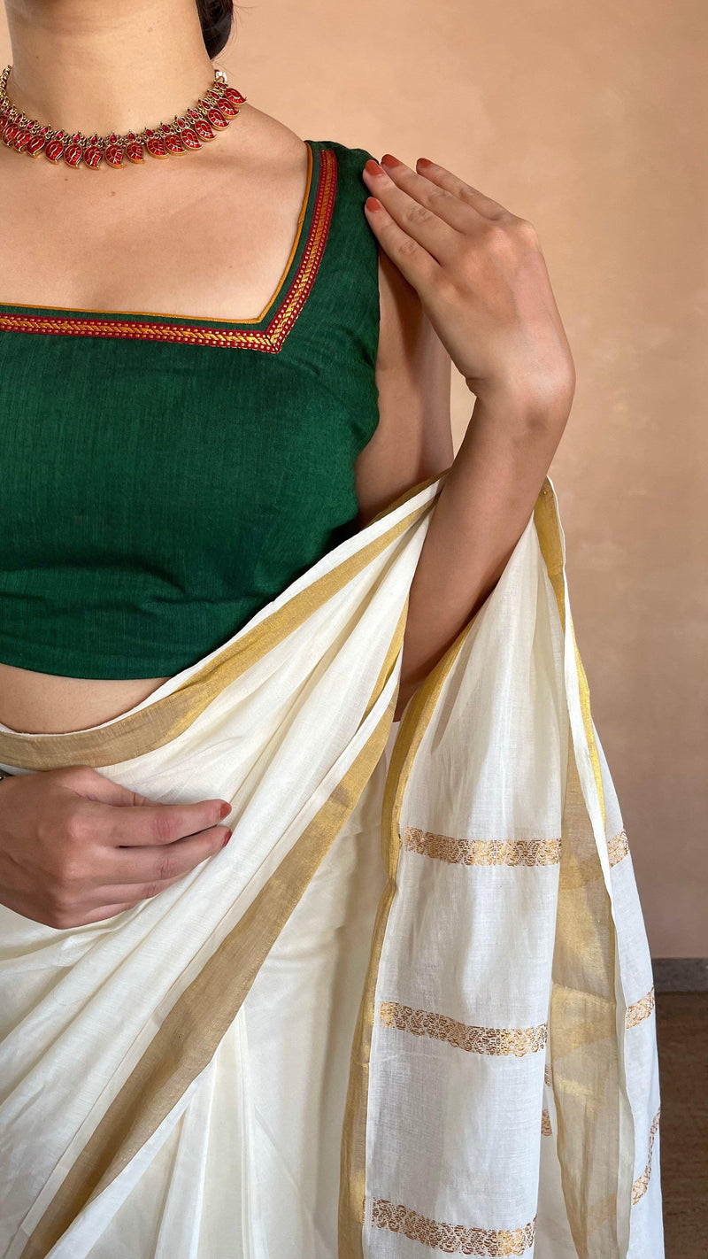 Amala x Tyohaar | Bottle Green Mangalgiri 100% Cotton Sleeveless Saree Blouse with Zari Border Detailing-Binks
