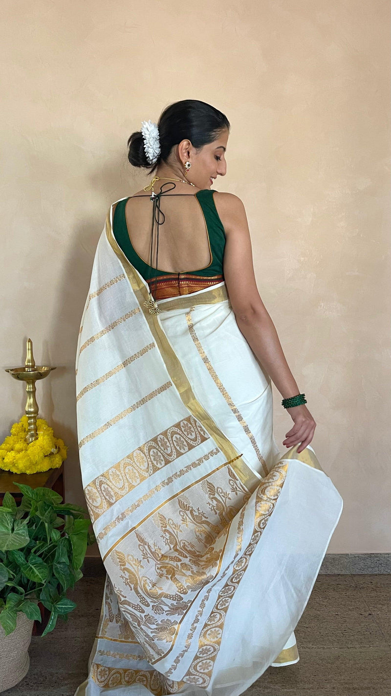Amala x Tyohaar | Bottle Green Mangalgiri 100% Cotton Sleeveless Saree Blouse with Zari Border Detailing-Binks