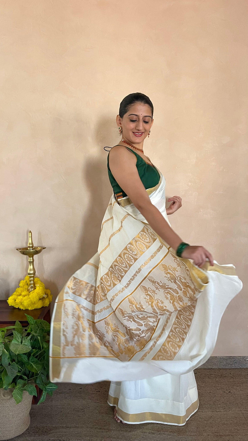 Amala x Tyohaar | Bottle Green Mangalgiri 100% Cotton Sleeveless Saree Blouse with Zari Border Detailing-Binks