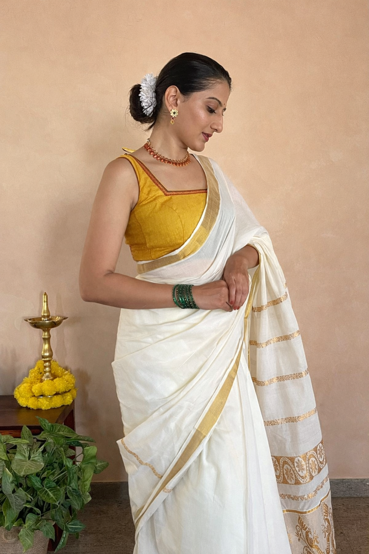 Amala x Tyohaar Saree Blouse, in Yellow 100% Cotton - Mangalgiri, featuring sleeveless and square neckline.