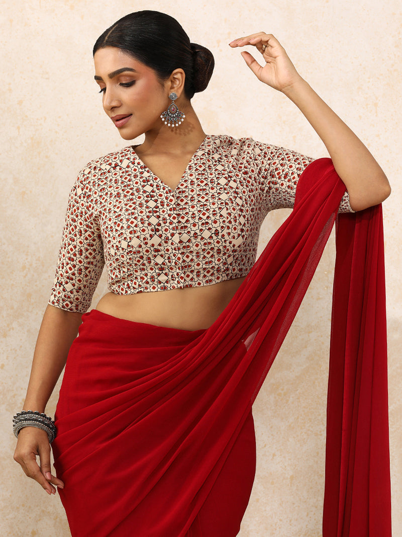Ami x Rozaana | Elbow Sleeves Saree Blouse in Cream & Red Geometric Block Print Cotton-Binks