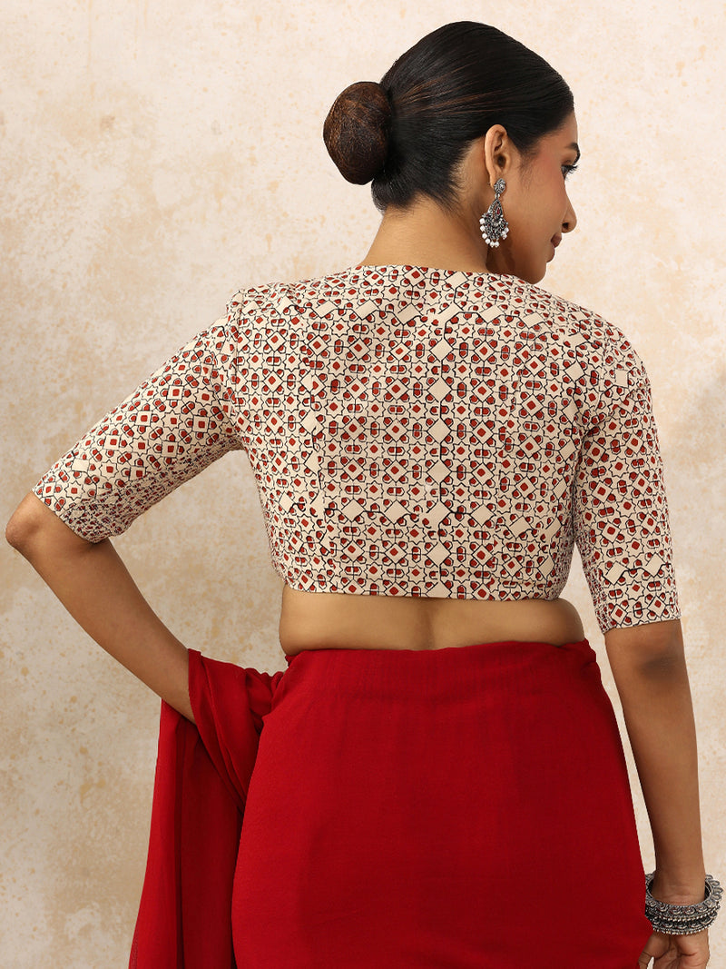 Ami x Rozaana | Elbow Sleeves Saree Blouse in Cream & Red Geometric Block Print Cotton-Binks