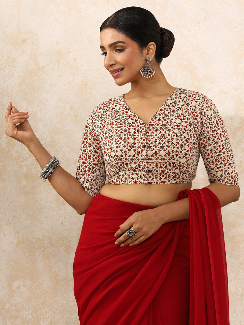 Ami x Rozaana | Elbow Sleeves Saree Blouse in Cream & Red Geometric Block Print Cotton-Binks