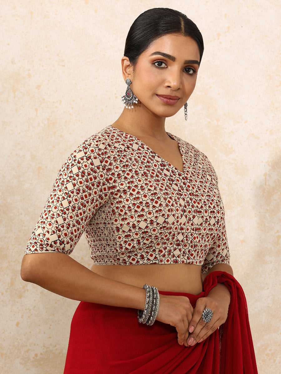 Ami x Rozaana Saree Blouse, in Cream 100% Cotton - Block Printed, featuring elbow sleeves and v-neckline (view 8).