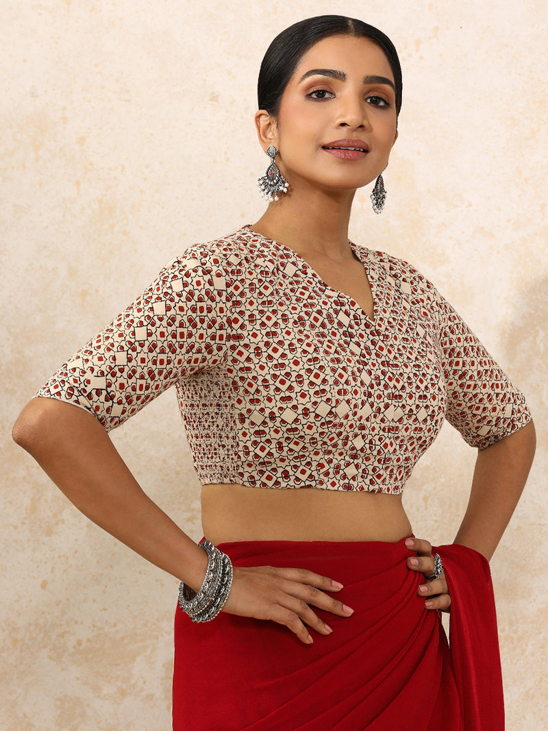 Ami x Rozaana | Elbow Sleeves Saree Blouse in Cream & Red Geometric Block Print Cotton-Binks