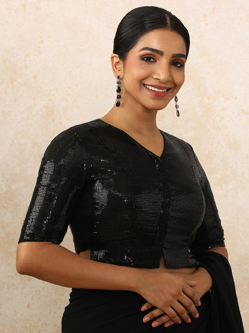 Amina x Tyohaar | Elbow Sleeves Black Sequined Saree Blouse with V-Neck-Binks