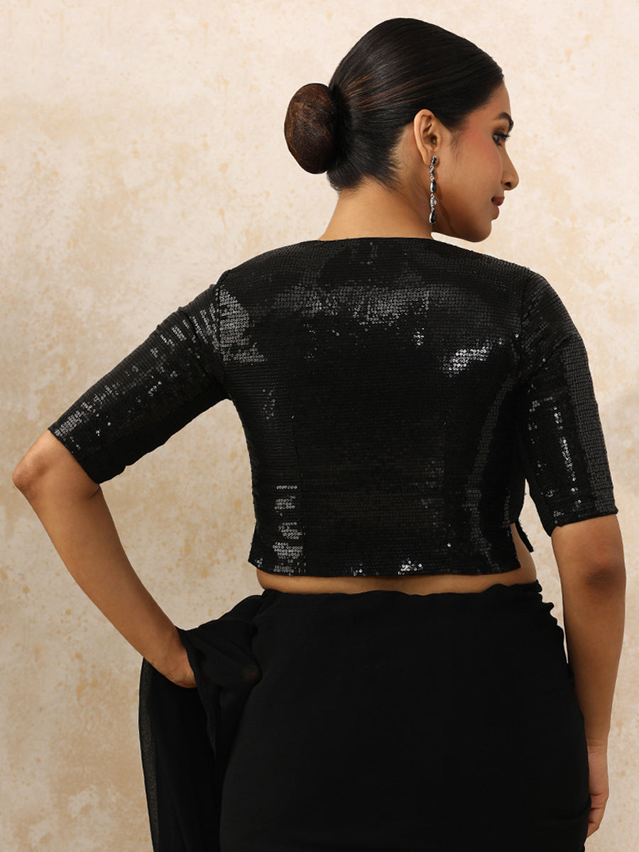 Amina x Tyohaar Saree Blouse, in Black Sequin Fabric, featuring elbow sleeves and v-neckline, made for party & festive (view 2).