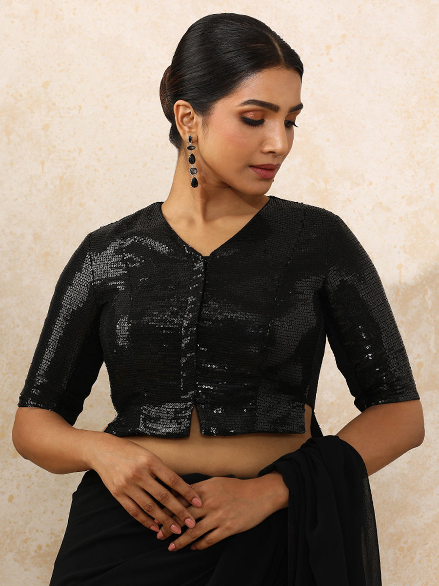 Amina x Tyohaar Saree Blouse, in Black Sequin Fabric, featuring elbow sleeves and v-neckline, made for party & festive (view 6).