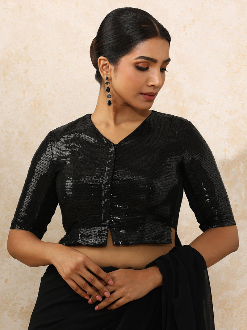 Amina x Tyohaar | Elbow Sleeves Black Sequined Saree Blouse with V-Neck-Binks