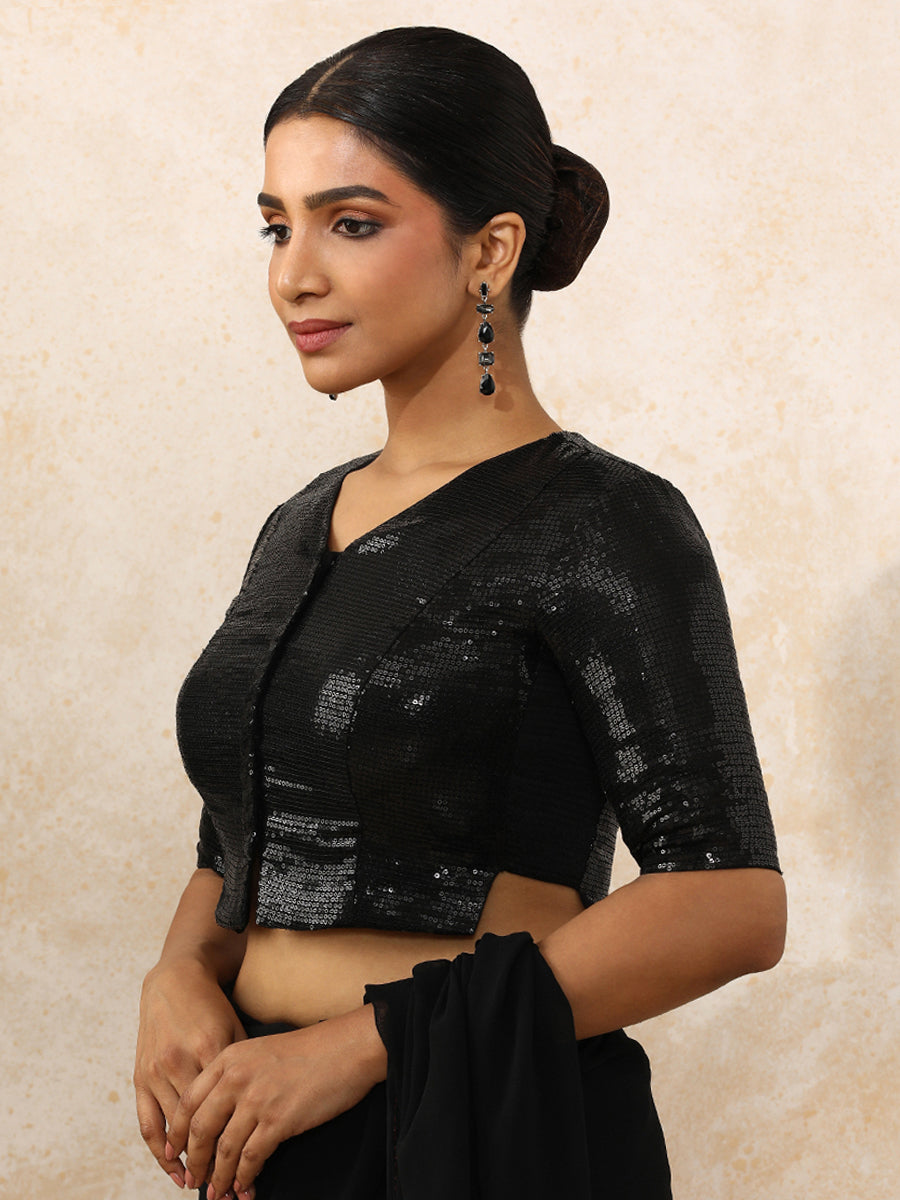 Amina x Tyohaar Saree Blouse, in Black Sequin Fabric, featuring elbow sleeves and v-neckline, made for party & festive (view 7).