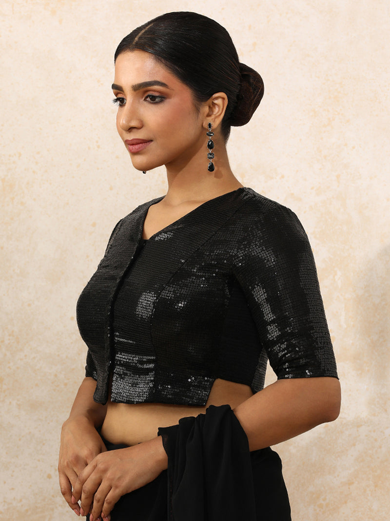 Amina x Tyohaar | Elbow Sleeves Black Sequined Saree Blouse with V-Neck-Binks