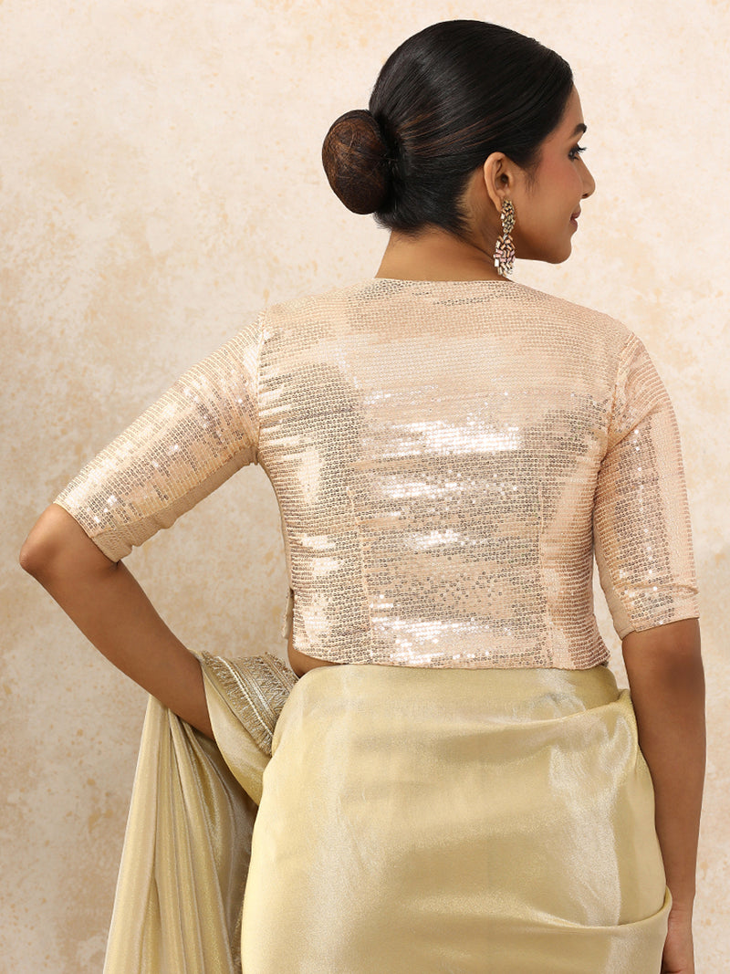 Amina x Tyohaar | Elbow Sleeves Champagne Sequined Saree Blouse with V-Neck-Binks