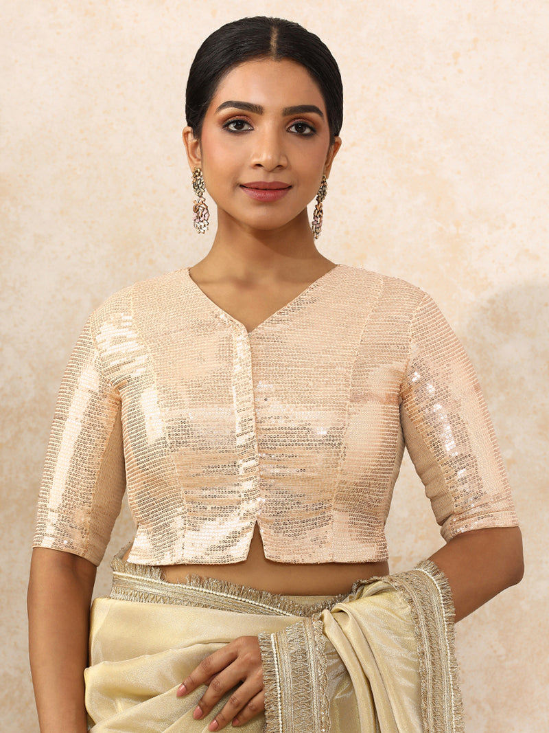 Amina x Tyohaar | Elbow Sleeves Champagne Sequined Saree Blouse with V-Neck-Binks