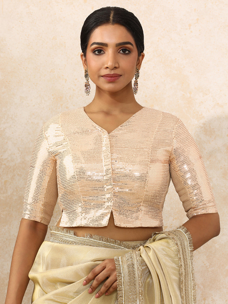 Amina x Tyohaar | Elbow Sleeves Champagne Sequined Saree Blouse with V-Neck-Binks
