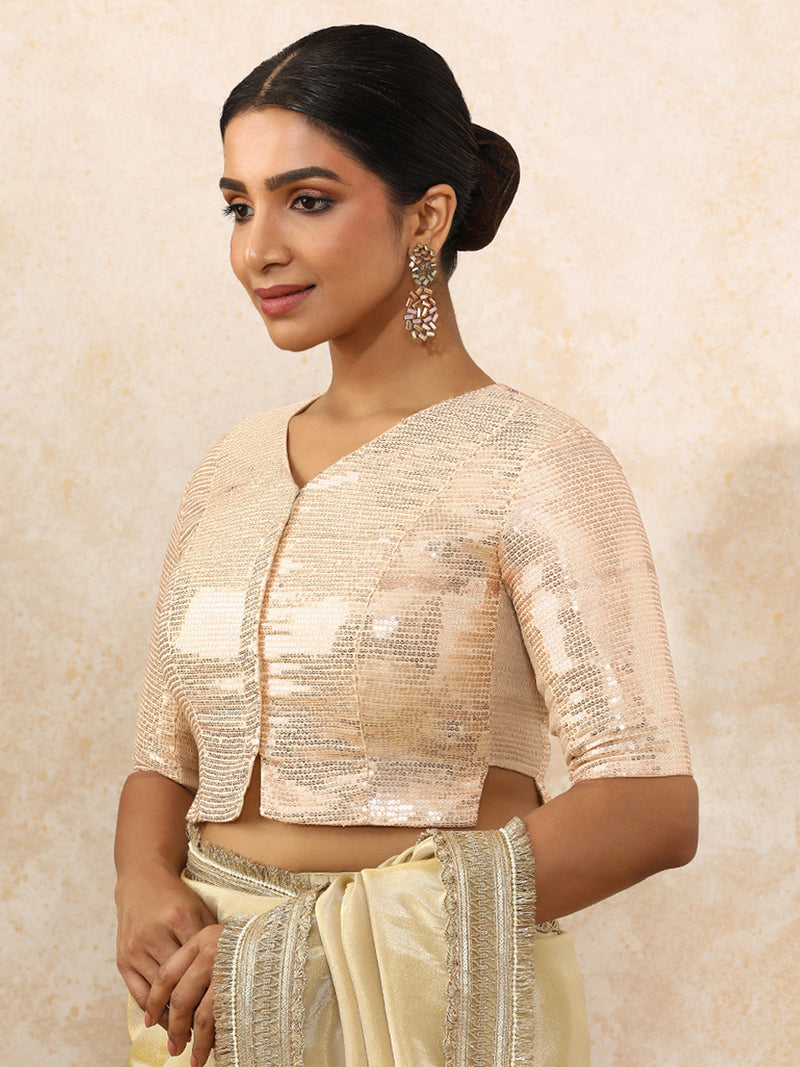 Amina x Tyohaar | Elbow Sleeves Champagne Sequined Saree Blouse with V-Neck-Binks