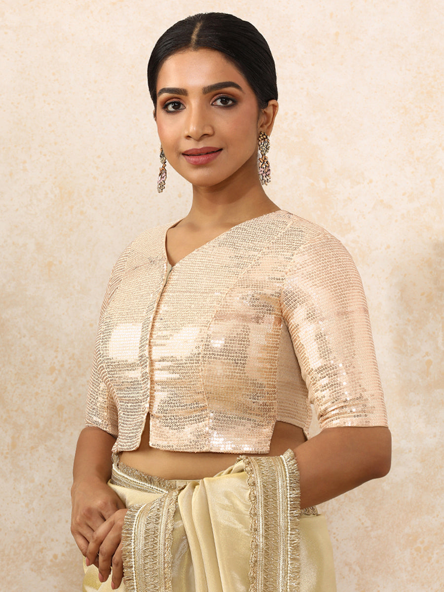 Amina x Tyohaar Saree Blouse, in Cream Sequin Fabric, featuring elbow sleeves and v-neckline, made for party & festive (view 8).