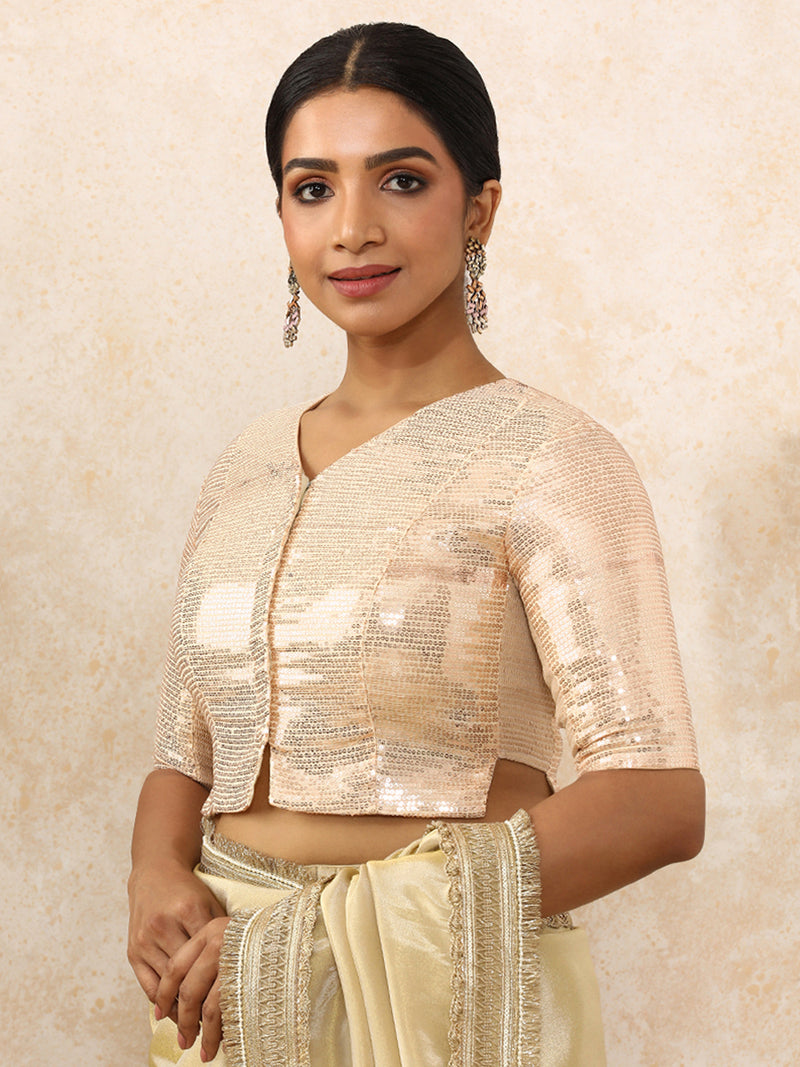 Amina x Tyohaar | Elbow Sleeves Champagne Sequined Saree Blouse with V-Neck-Binks