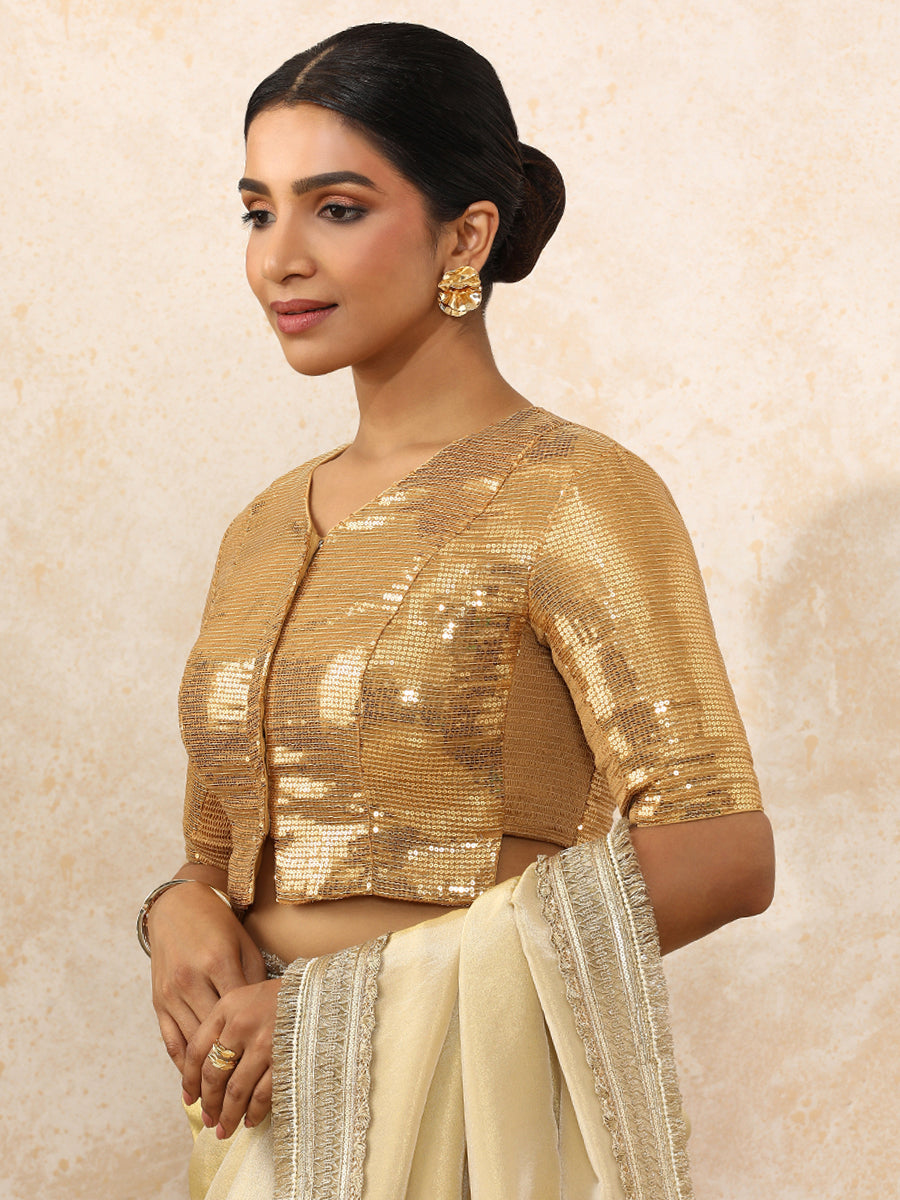 Amina x Tyohaar Saree Blouse, in Gold Sequin Fabric, featuring elbow sleeves and v-neckline, made for party & festive (view 6).