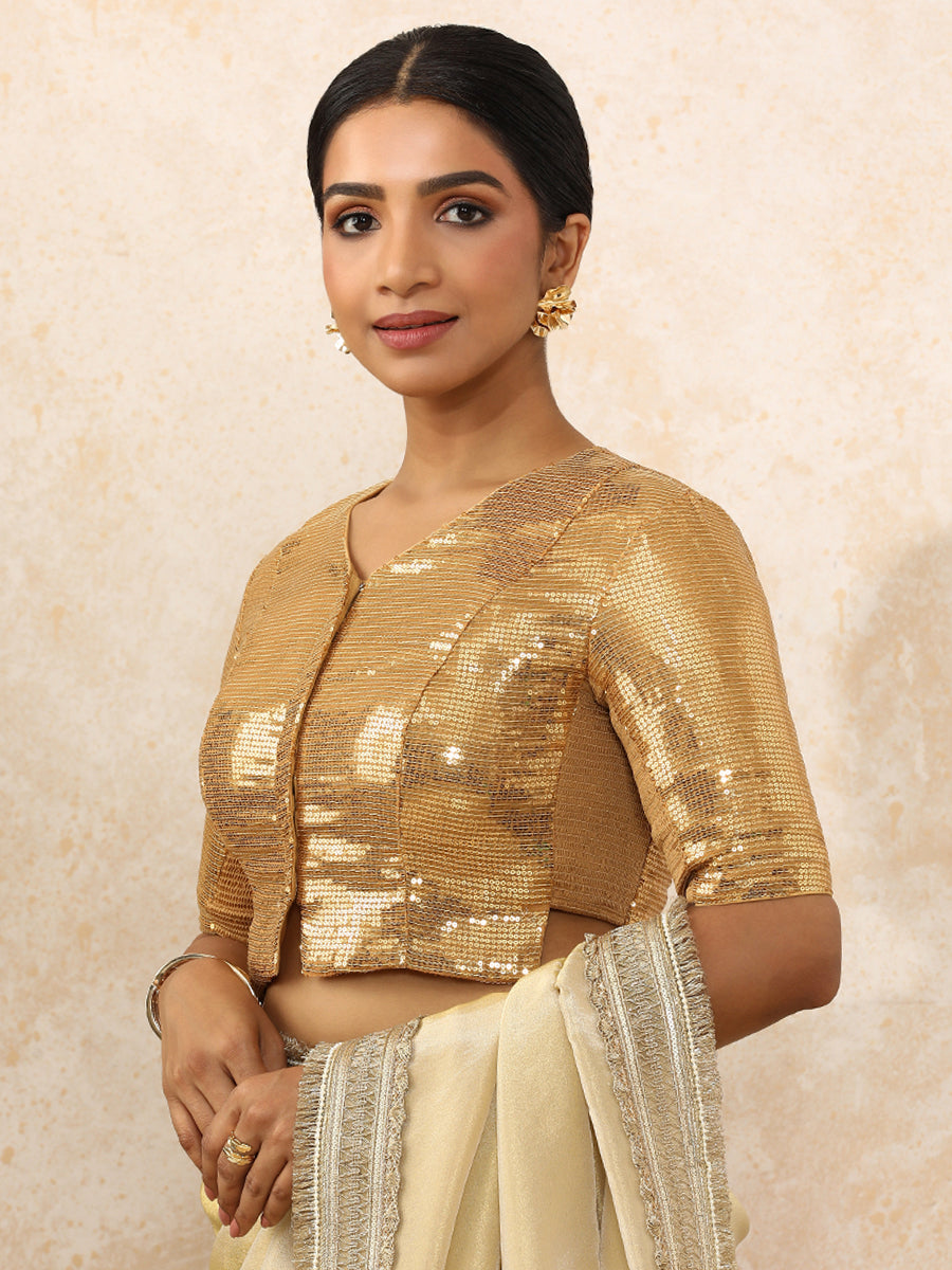 Amina x Tyohaar Saree Blouse, in Gold Sequin Fabric, featuring elbow sleeves and v-neckline, made for party & festive (view 7).