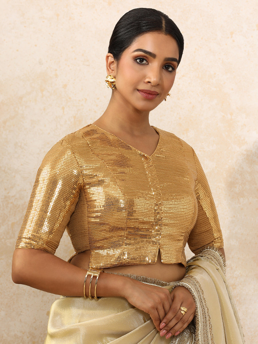 Amina x Tyohaar Saree Blouse, in Gold Sequin Fabric, featuring elbow sleeves and v-neckline, made for party & festive (view 8).