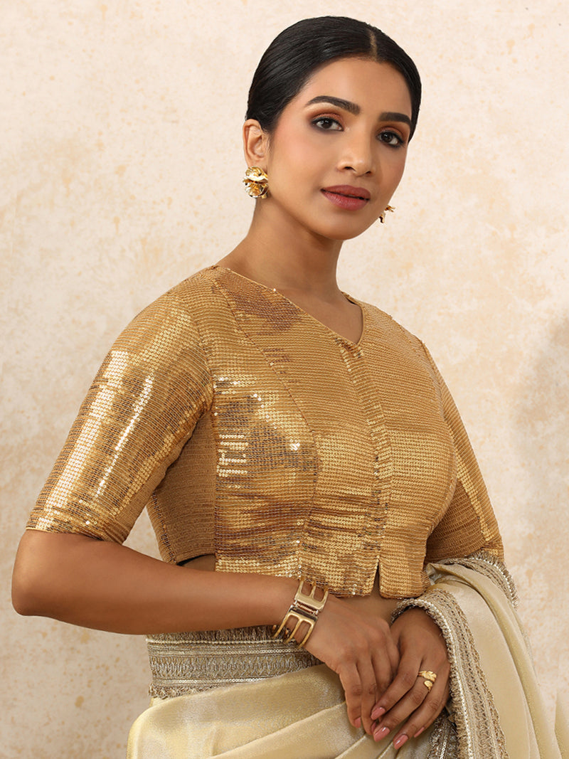 Amina x Tyohaar | Elbow Sleeves Gold Sequined Saree Blouse with V-Neck-Binks