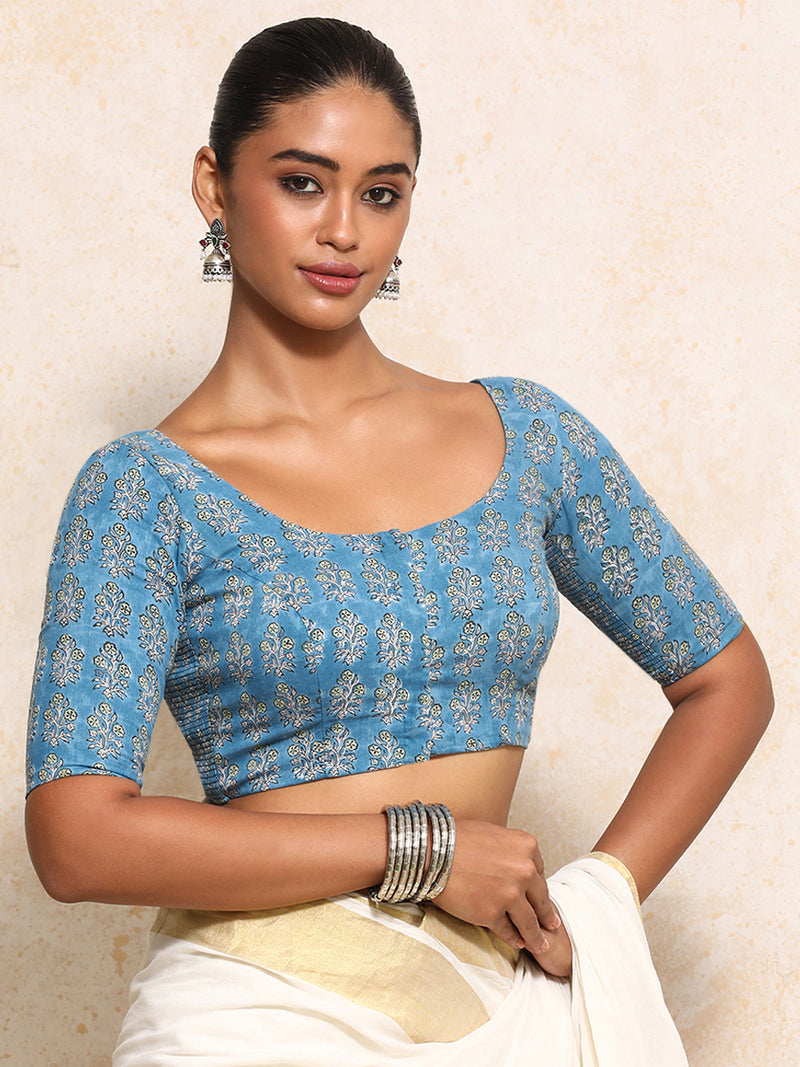 Amira x Rozaana | Elbow Sleeves Saree Blouse in Blue Garden Block Print Cotton-Binks