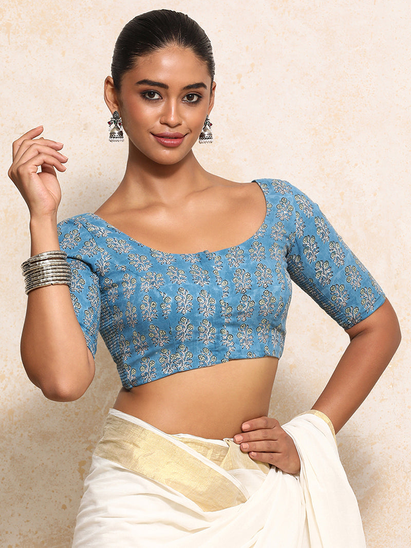 Amira x Rozaana | Elbow Sleeves Saree Blouse in Blue Garden Block Print Cotton-Binks