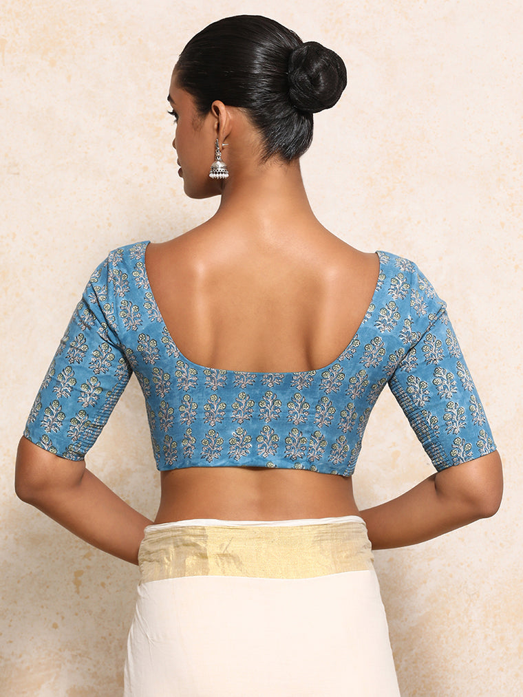 Amira x Rozaana Saree Blouse, in Blue 100% Cotton - Block Printed, featuring elbow sleeves and round neckline (view 2).