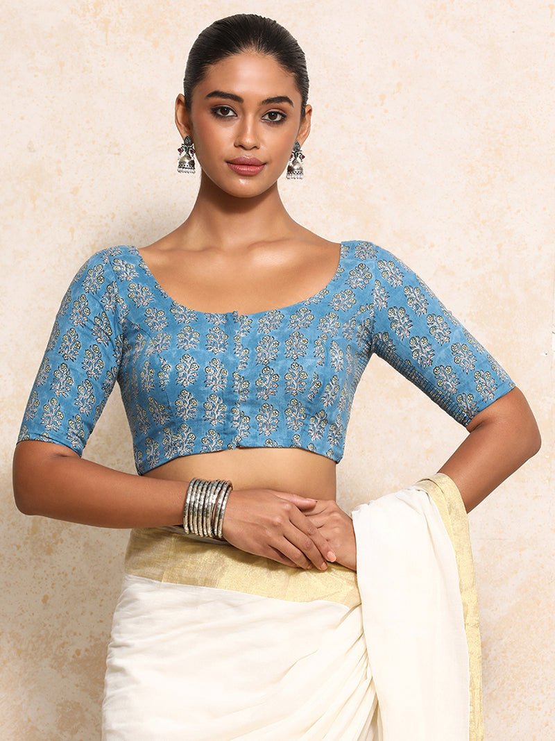 Amira x Rozaana | Elbow Sleeves Saree Blouse in Blue Garden Block Print Cotton-Binks