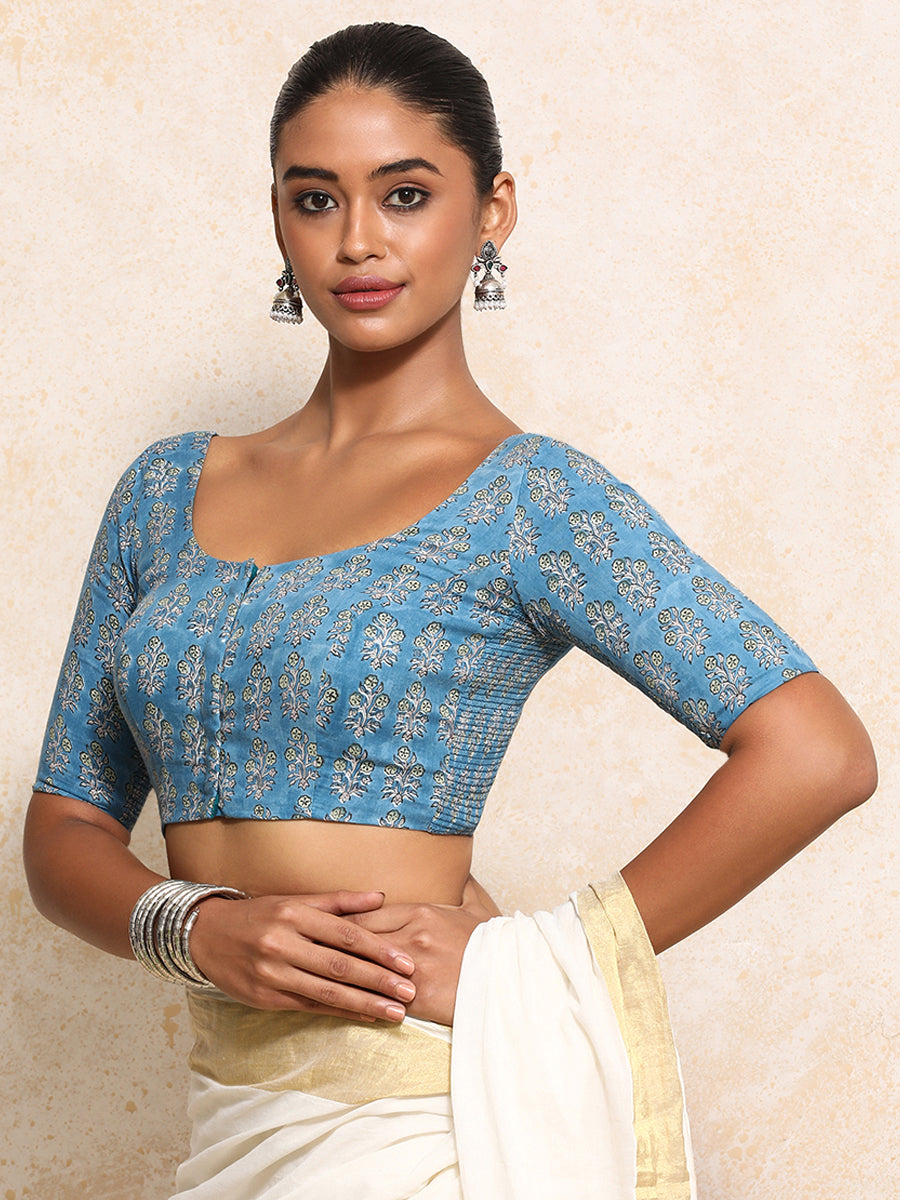 Amira x Rozaana Saree Blouse, in Blue 100% Cotton - Block Printed, featuring elbow sleeves and round neckline (view 7).