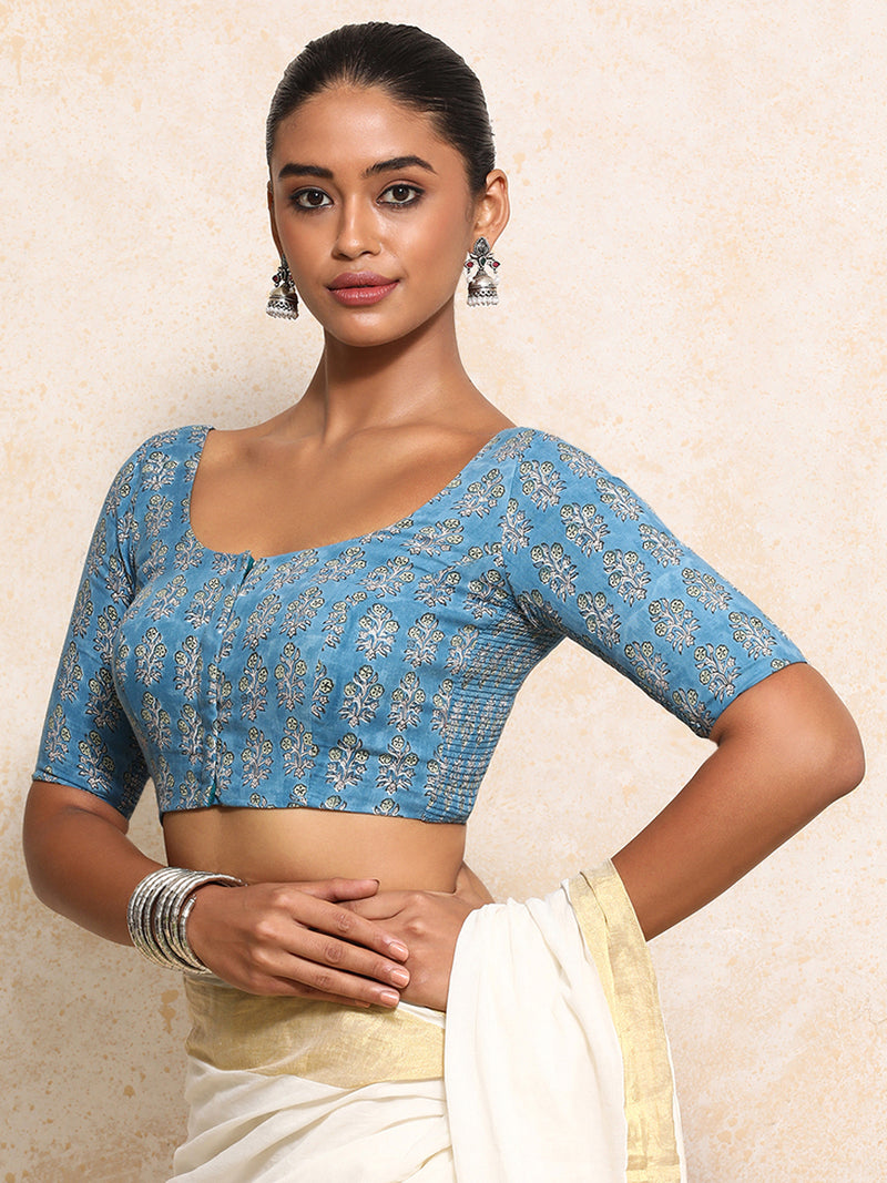 Amira x Rozaana | Elbow Sleeves Saree Blouse in Blue Garden Block Print Cotton-Binks