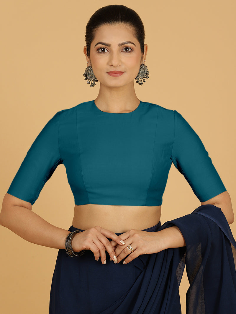 Amisha x Rozaana | Elbow Sleeves Saree Blouse in Crystal Teal-Binks