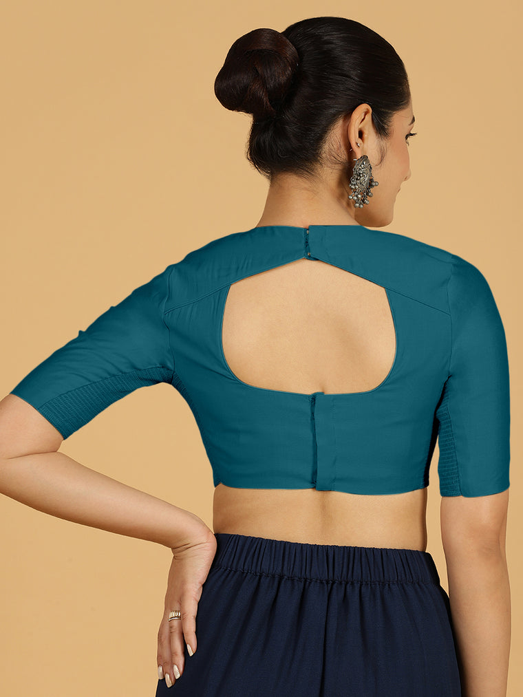 Amisha x Rozaana Saree Blouse, in Blue Viscose, featuring elbow sleeves and jewel neckline, made for daily & work (view 2).