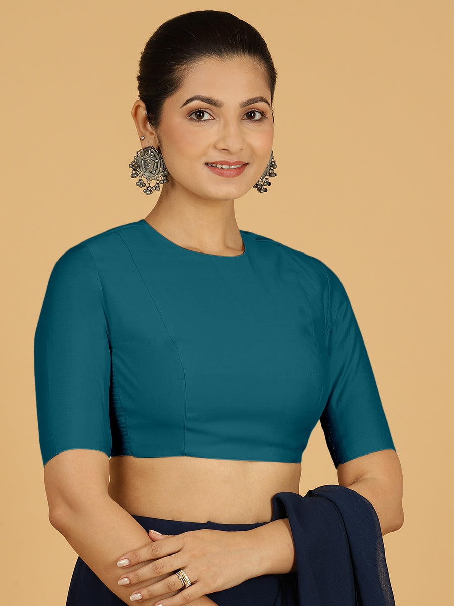 Amisha x Rozaana Saree Blouse, in Blue Viscose, featuring elbow sleeves and jewel neckline, made for daily & work (view 5).