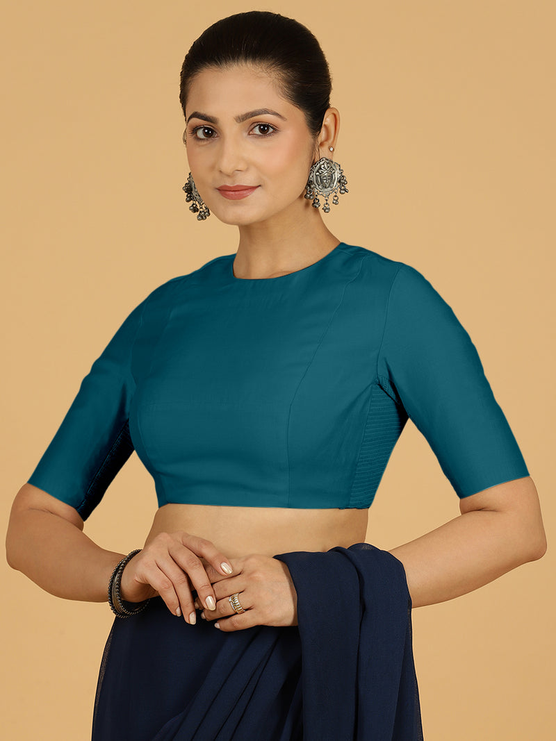 Amisha x Rozaana | Elbow Sleeves Saree Blouse in Crystal Teal-Binks