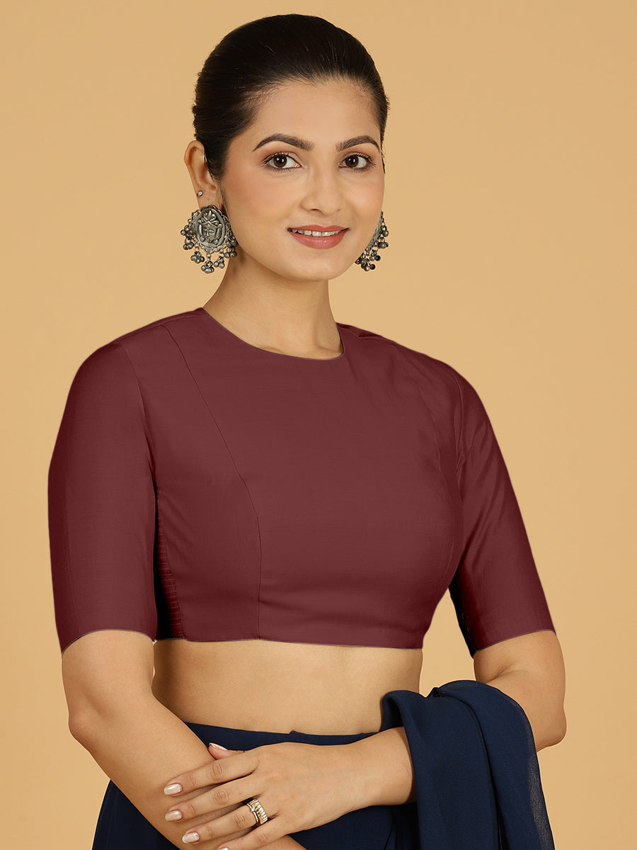 Amisha x Rozaana Saree Blouse, in Maroon Viscose, featuring elbow sleeves and jewel neckline, made for daily & work.