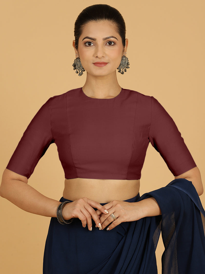 Amisha x Rozaana | Elbow Sleeves Saree Blouse in Deep Maroon-Binks