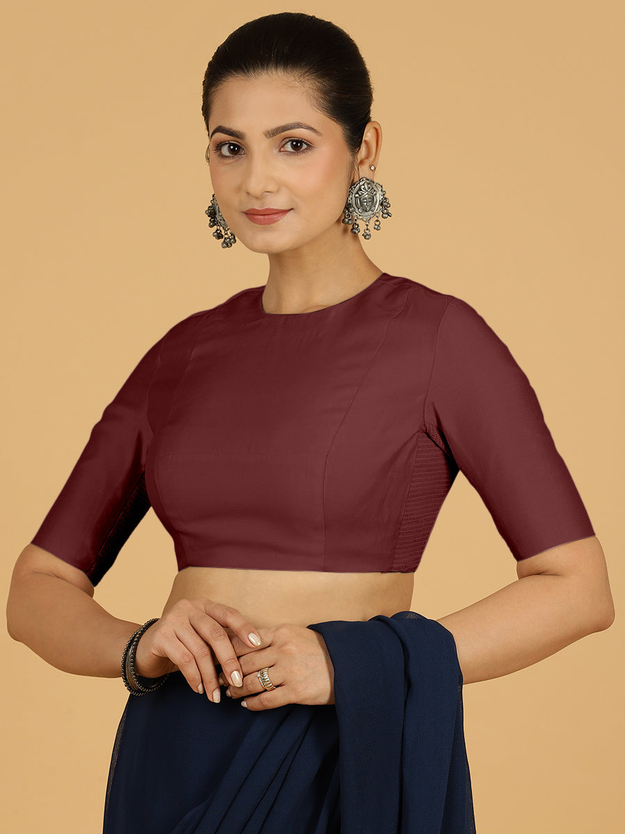 Amisha x Rozaana Saree Blouse, in Maroon Viscose, featuring elbow sleeves and jewel neckline, made for daily & work (view 8).
