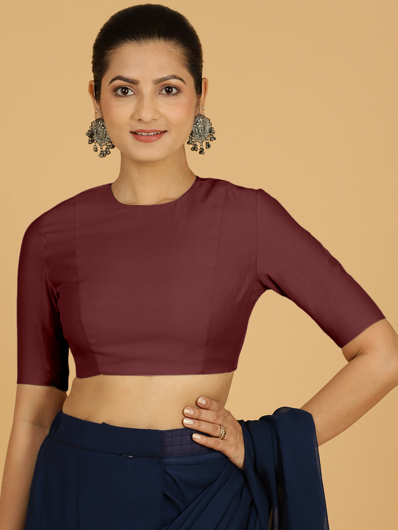 Amisha x Rozaana | Elbow Sleeves Saree Blouse in Deep Maroon-Binks