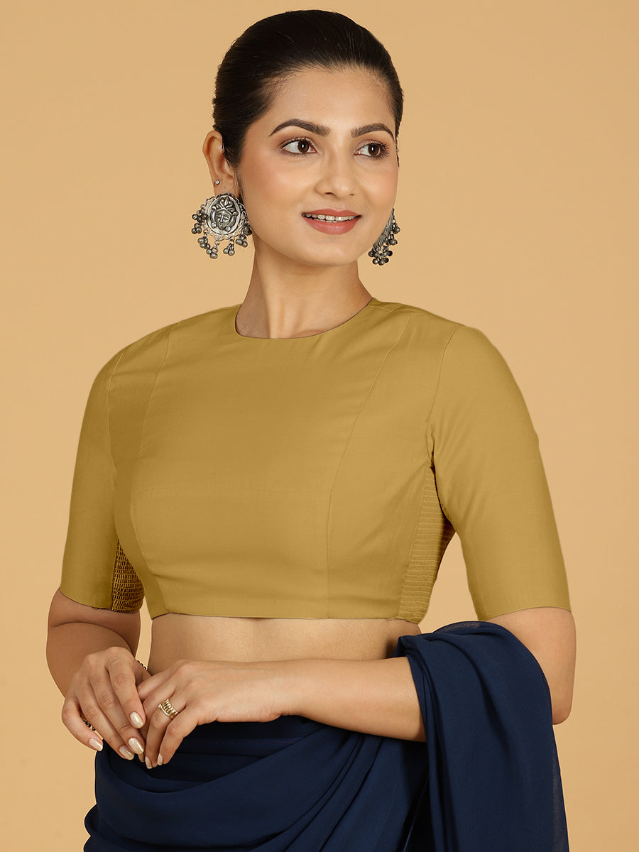 Amisha x Rozaana Saree Blouse, in Yellow Viscose, featuring elbow sleeves and jewel neckline, made for daily & work.