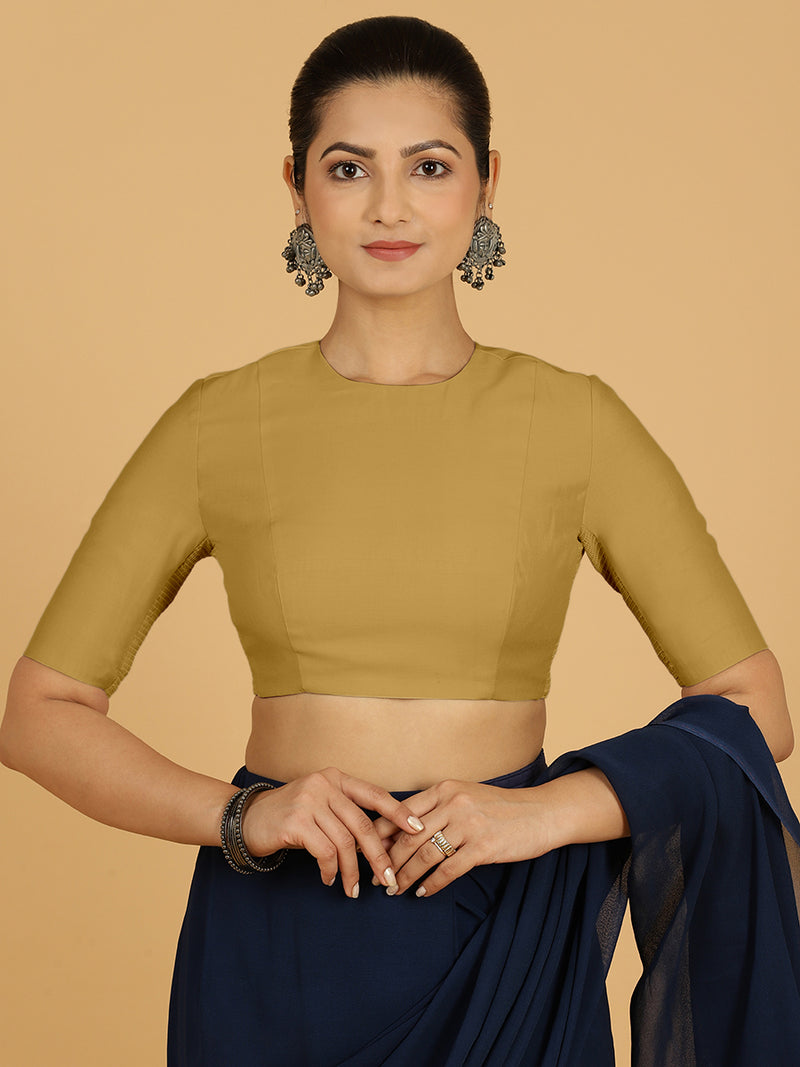 Amisha x Rozaana | Elbow Sleeves Saree Blouse in Dijon Mustard-Binks