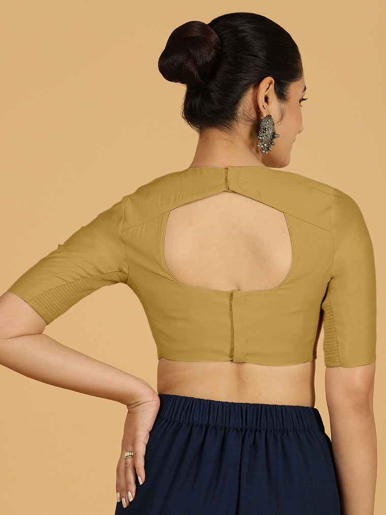 Amisha x Rozaana Saree Blouse, in Yellow Viscose, featuring elbow sleeves and jewel neckline, made for daily & work (view 2).