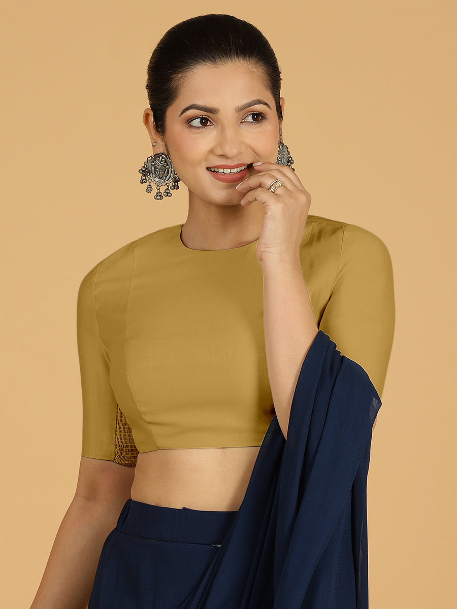 Amisha x Rozaana Saree Blouse, in Yellow Viscose, featuring elbow sleeves and jewel neckline, made for daily & work (view 7).