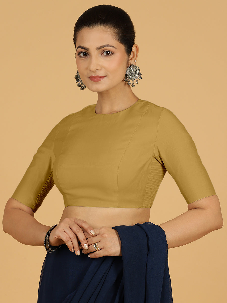 Amisha x Rozaana Saree Blouse, in Yellow Viscose, featuring elbow sleeves and jewel neckline, made for daily & work (view 8).