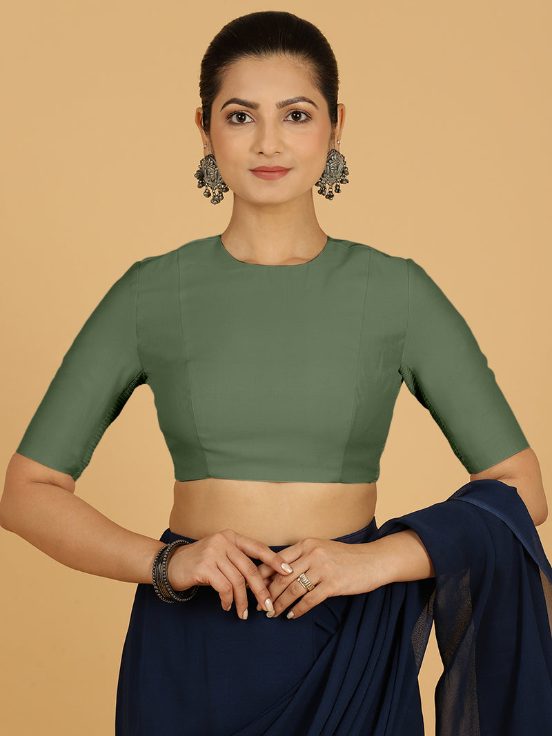 Amisha x Rozaana | Elbow Sleeves Saree Blouse in Hunter Green-Binks