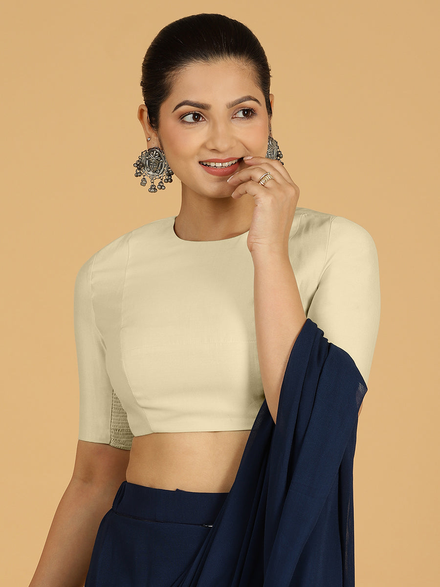Amisha x Rozaana Saree Blouse, in White Viscose, featuring elbow sleeves and jewel neckline, made for daily & work.
